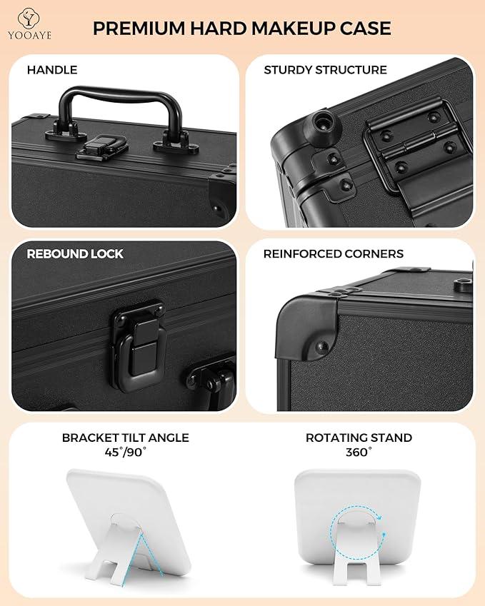 Yooaye Makeup Box with Detachable Lighted Mirror–Travel Train Case, Cosmetic Storage Organizer & Makeup Suitcase with Adjustable Dividers & Magnetic LED Mirror (Black) - ModernBath