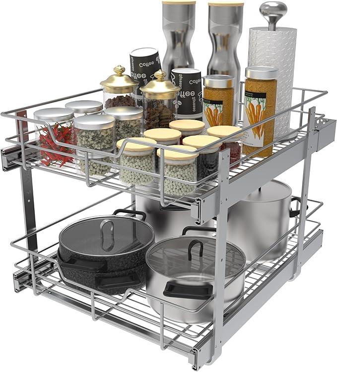 2 Tier Pull Out Cabinet Organizer 18" W X 22" D, Slide Out Drawers For Kitchen Cabinets, Pull Out Drawers For Cabinets Capacity Heavy Duty Caddy, Cabinet Pullout Shelves Chrome-Plated,Bathroom Pantry - ModernBath