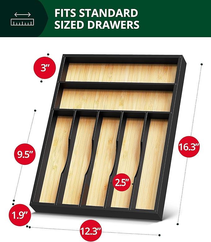 ROYAL CRAFT WOOD Luxury Bamboo Kitchen Drawer Organizer - Silverware Organizer - Utensil Holder and Cutlery Tray with Grooved Drawer Dividers for Flatware and Kitchen Utensils (7 Slot) - ModernBath