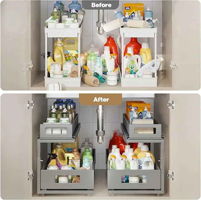 2 Pack 21.3IN-Depth Under Sink Organizer with Next-Gen Ball-Bearing Slides,2-Tier Pull Out Cabinet Storage,Height Adjustable Drawer Shelf for Bathroom,Kitchen,Laundry,Cabinet,Pantry-Gun Gray - ModernBath