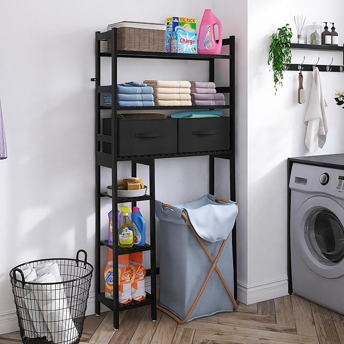 SMIBUY Over-The-Toilet Storage Rack, 6-Tier Bamboo Large Bathroom Organizer with Side Shelves and 2 Drawers, Stable Freestanding Space Saver for Bathroom, Laundry Room(Black) - ModernBath