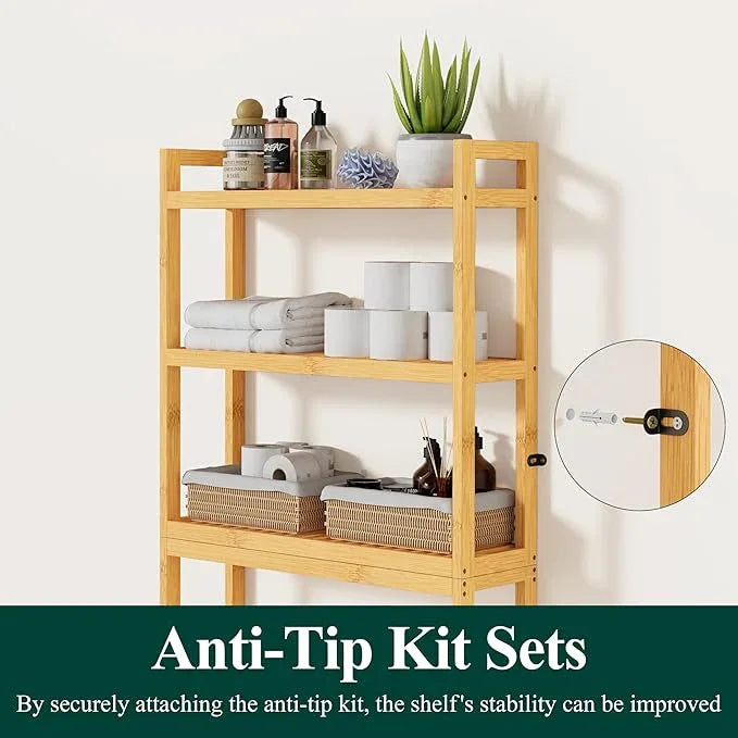 Smiry Over The Toilet Storage Cabinet, 3-Tier Bamboo Bathroom Organizers with Adjustable Shelf & 4 Hooks, Space Saving Shelf Rack for Bathrooms, Laundry Room, Balcony, Natural - ModernBath
