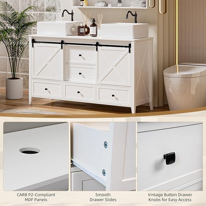 VNN Bathroom Vanity with Sink - 60 Inch Bathroom Vanity Double Sink Ceramic, Freestanding Cabinet with 2 Farmhouse Sliding Barn Doors and 5 Drawers, Space-Saving Storage Cabinet, White Wood Grain - ModernBath