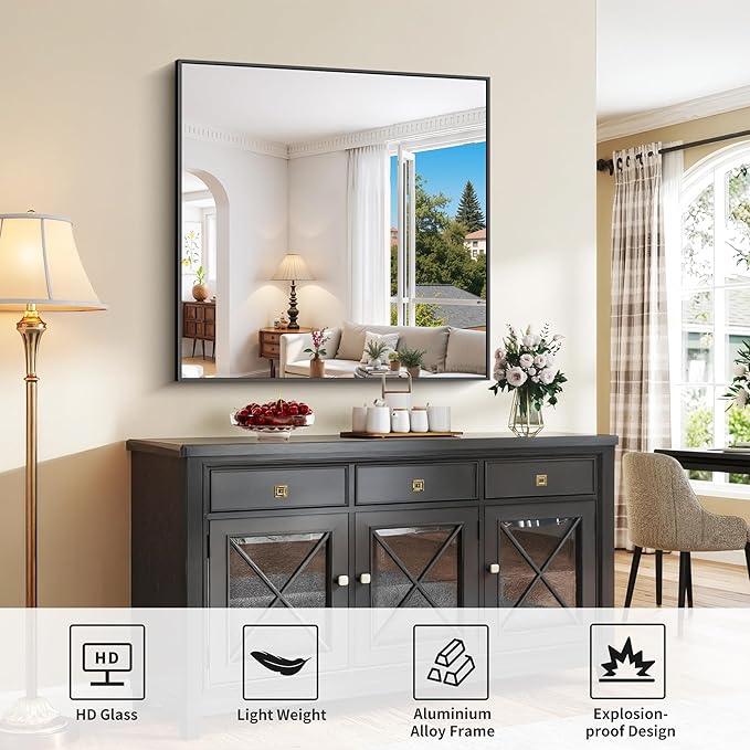 COFENY Black Bathroom Mirror for Wall, 39x39 Inch Rectangle Mirror with Metal Frame, Square Modern Vanity Mirrors for Bathroom Living Room, Entryway Hangs Horizontal or Vertical - ModernBath