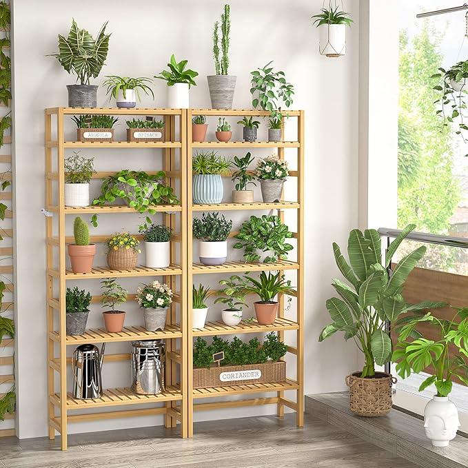 Homykic 6-Tier Bamboo Bookshelves and Bookcases, Adjustable 63.4”Tall Shallow Book Shelf Organizer Rack, Freestanding Storage Shelving Unit for Living Room, Kitchen, Bathroom, Office, Natural - ModernBath