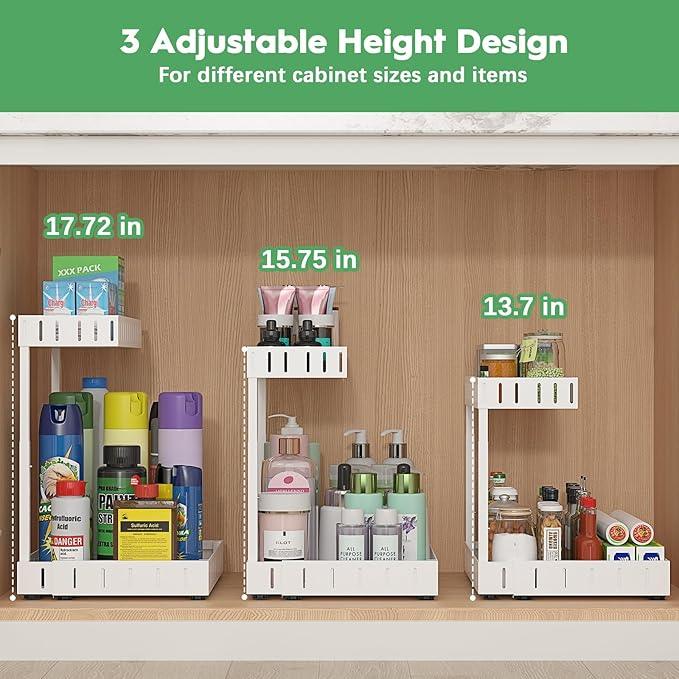 REALINN Under Sink Organizer, 2 Tier Expandable Under Cabinet Organizer, Heights Adjustable Pull Out Storage for Kitchen Bathroom Laundry, White, 2 Pack - ModernBath