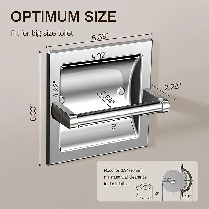 Recessed Toilet Paper Holder Polished Chrome, Pivoting Toilet Tissue Holder in Wall Made of SUS304 Stainless Steel, Space Saving Inset Tissue Roll Holder Wall Mount with Bracket - ModernBath