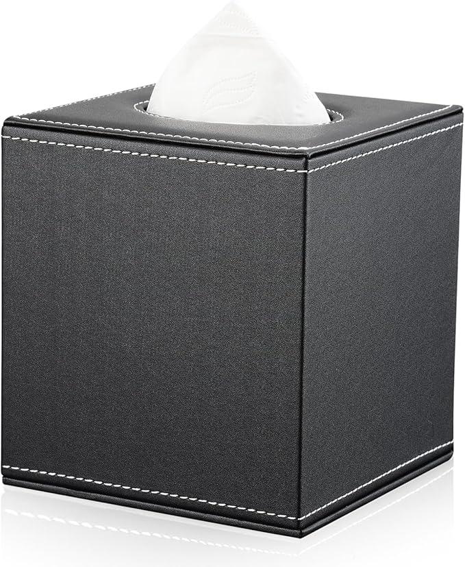 KINGFOM Square Pu Leather Tissue Box Cover, Modern Facial Tissue Holder, Roll Tissues Paper Case Dispenser for Bathroom Vanity Countertop, Night Stands, Office Desk & Car(Black) - ModernBath