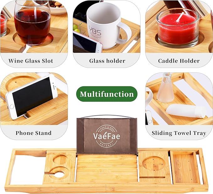 VaeFae Bamboo Bathtub Caddy Tray, Expandable Bath Tray for Tub with Upgraded Wine Slots and Book Holder - Ideal for One or Two Person Use - ModernBath