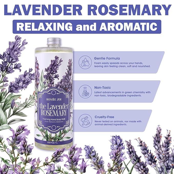 ROMIIE ZOI Foaming Hand Soap Refill Gift Set-3 Pack with Dispenser, Cruelty-Free and Biodegradable Formula, Moisturizing with Essential Oil for Sensitive Skin,Lavender Rosemary Scent,(33.8 Fl Oz x 3) - ModernBath