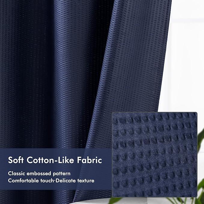Mrs Awesome No Hook Shower Curtain with Snap-in Liner, Embossed Waffle Design Fabric Shower Curtain for Bathroom, Soft & Lightweight, 71x74, Navy Blue - ModernBath