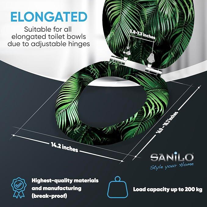 SANILO Wooden Toilet Seat with Soft Close [ELONGATED] - Decorative, Quiet & Slow Close Molded Wood Seat - With Strong Bumpers & Hinges - Adjustable Fit - Palmdream - ModernBath