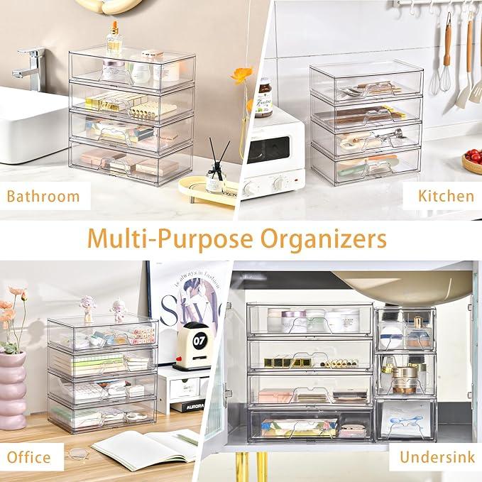 3 Pack Stackable Makeup Organizer, 12.1''L Acrylic Bathroom Organizer and Storage Undersink Drawer, Cosmetics and Beauty Supplies,Clear Plastic Storage Bins for Vanity,Pantry,Desk,Cabinet,Kitchen - ModernBath