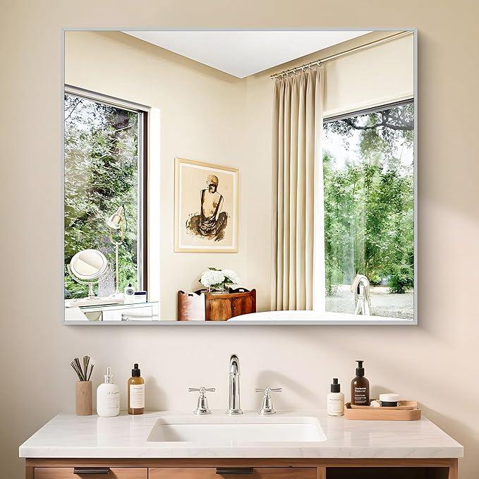 KOCUUY Silver Framed Mirror, 30"x36" Rectangle Bathroom Mirror for Wall, HD Tempered Glass, Anti-Rust Frame, Modern Design for Bathroom, Bedroom, Living Room, Entryway - ModernBath