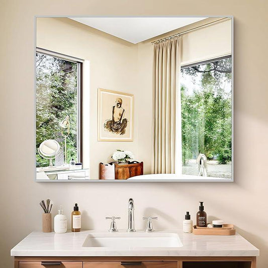 KOCUUY Silver Framed Mirror, 30"x36" Rectangle Bathroom Mirror for Wall, HD Tempered Glass, Anti-Rust Frame, Modern Design for Bathroom, Bedroom, Living Room, Entryway - ModernBath