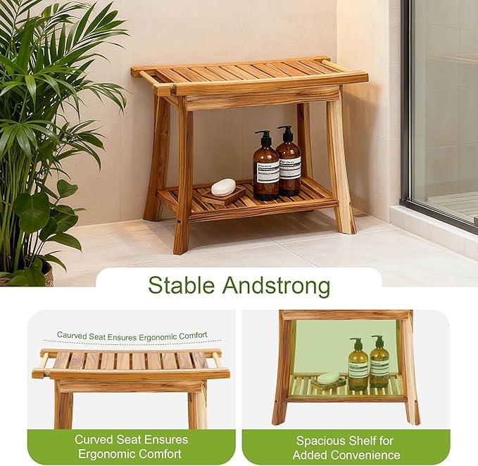24" Solid Teak Shower Bench with Towel Bar & Storage Shelf - Waterproof Bath Stool with Fixed Non-Slip Feet, 300lbs Capacity, Natural - ModernBath