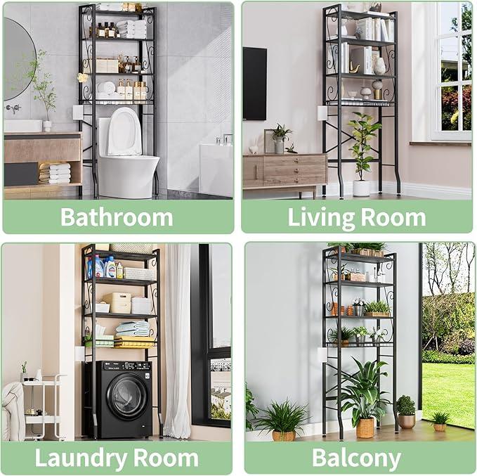 Over-The-Toilet Storage Rack 4-Tier,Bathroom Organizer Shelf Over Toilet,Adjustable Wooden Shelves and Basket,Freestanding Above Toilet Shelf,Space Saver for Rooms(Black Rack-Black Shelves) - ModernBath
