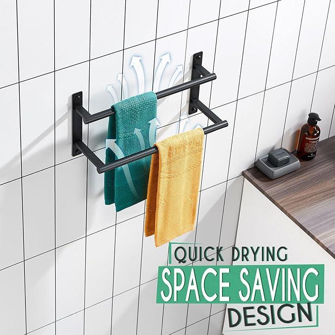 KOKOSIRI 16 Inch Double Towel Bar Bath Towel Racks Bathroom Towel Holder Towel Storage Towel Shelf Wall Mounted Stainless Steel Matte Black B5010BK-L16 - ModernBath