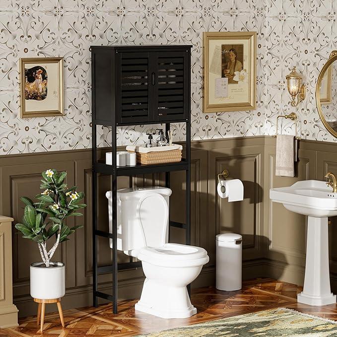 SMIBUY Bathroom Over The Toilet Storage Cabinet, 2 Door Bamboo Cabinet Organizer, Freestanding Space Saver Toilet Rack with Adjustable Inside Shelf and Open Shelf (Black) - ModernBath