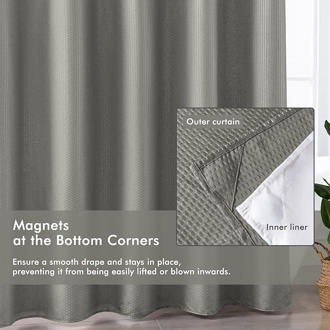 Mrs Awesome No Hook Shower Curtain with Snap-in LinerLess Time On/Off, Embossed Waffle-Look Textured Fabric Shower Curtain for Bathroom, Soft & Lightweight, 71x74, Gray - ModernBath
