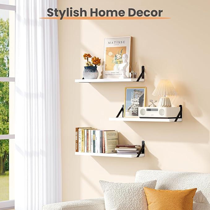 upsimples Floating Book Shelves for Wall, 23.6 Inches Floating Wood Shelves for Living Room, Laundry Room, Bedroom, Office Organizer and Storage, White - ModernBath