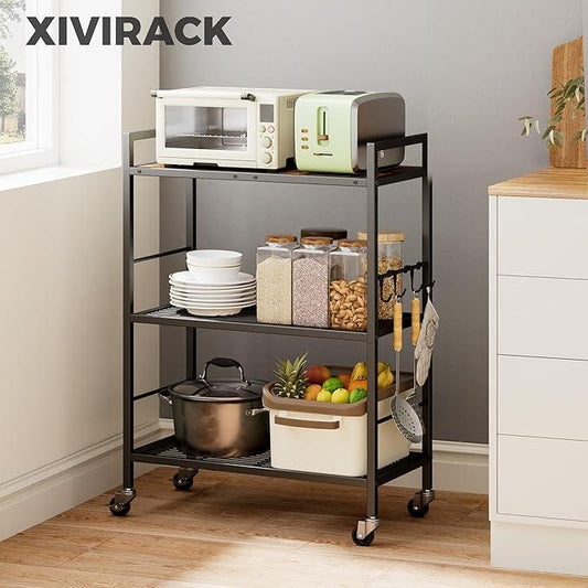 3-Tier Metal Storage Rack with Industrial Wheels,Mesh Shelving Unit with Wooden Table top,Adjustable Shelf,23.6-Inch Width,for Kitchen,Laundry,Pantry,Plant,Black - ModernBath