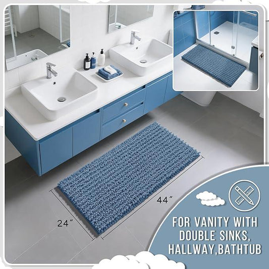 Yimobra Long Bathroom Rugs Non Slip Washable 44x24 Inch - Ultra Soft Absorbent Chenille Bath Mat, Quick Dry Shaggy Floor Carpet for Tub Shower, Denim Blue Home Decor Accessories - ModernBath