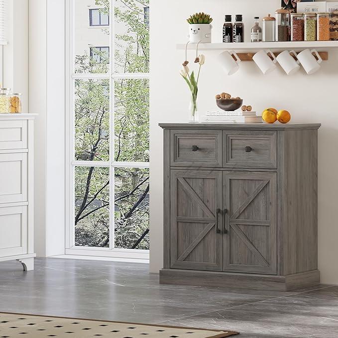 Vabches Farmhouse Buffet Sideboard with Drawers, Wood Pantry Cabinet with Storage, Rustic Storage Cabinet with Adjutable Shelf and Barn Door for Kitchen, Dining Room, Living Room, Black - ModernBath