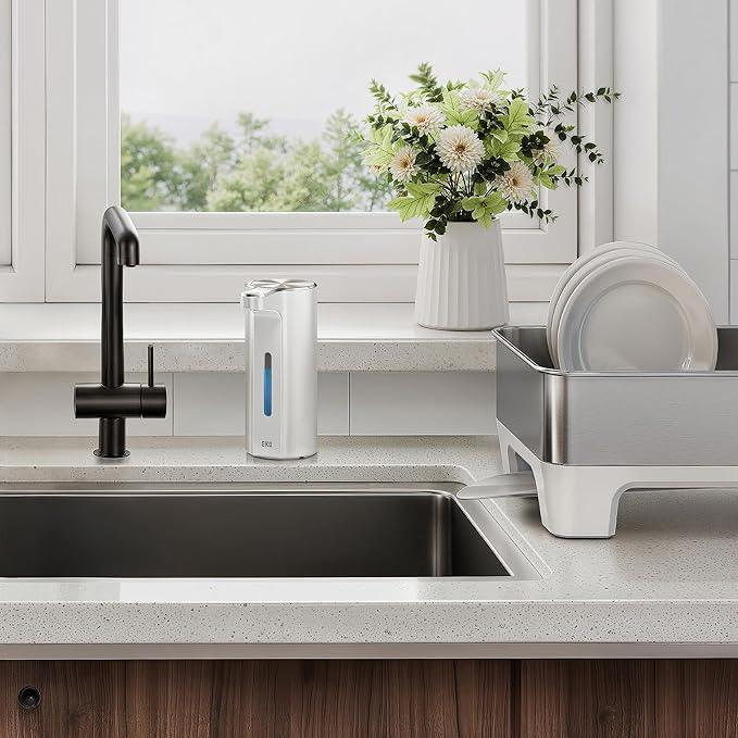 EKO Aroma Pro 13.5 fl oz Touchless Automatic Liquid Soap Dispenser, Rechargeable Electric Hand & Dish Soap Dispenser for Bathroom and Kitchen, IPX7 Waterproof, Adjustable Volume Control (White) - ModernBath