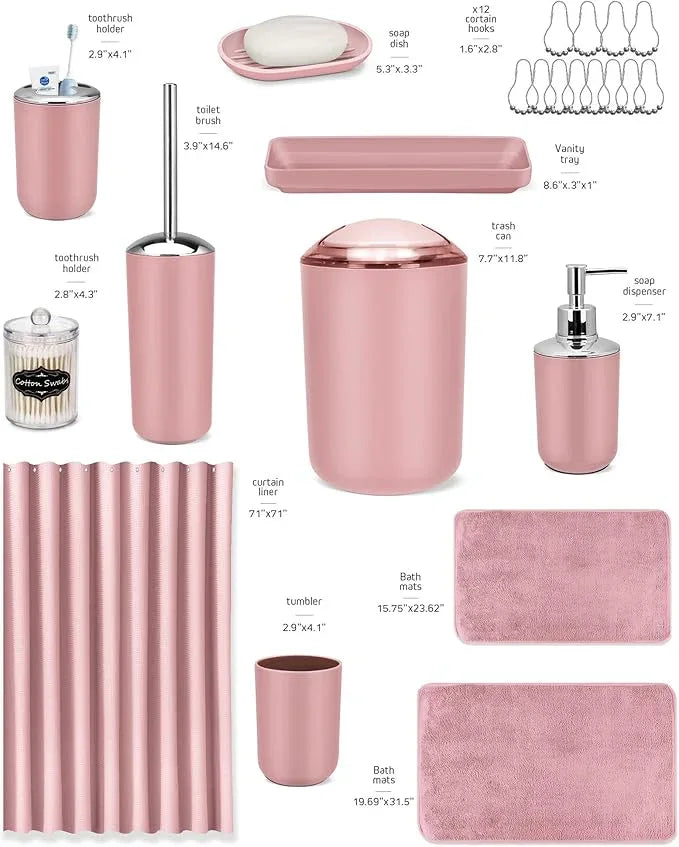 IMAVO Pink Bathroom Accessories,Non Slip Super Absorbent Rugs and Waterproof Shower Curtain with Hooks,Complete Bathroom Set for Bathroom Décor - ModernBath