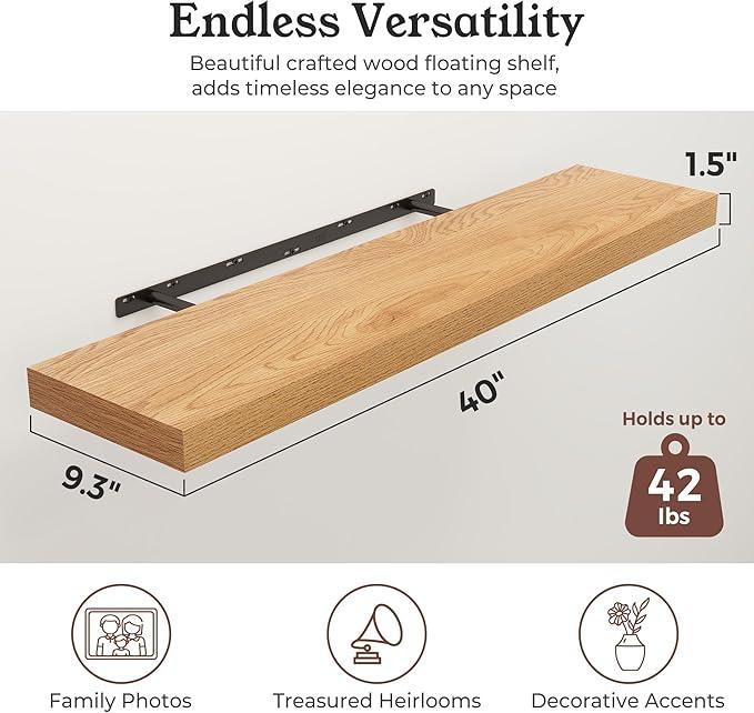 Floating Shelves for Wall, Wall Mounted Rustic Wood Shelves for Bathroom, Bedroom, Living Room, Kitchen, Hanging Shelf for Books/Storage/Room Decor (Oak, 40") - ModernBath