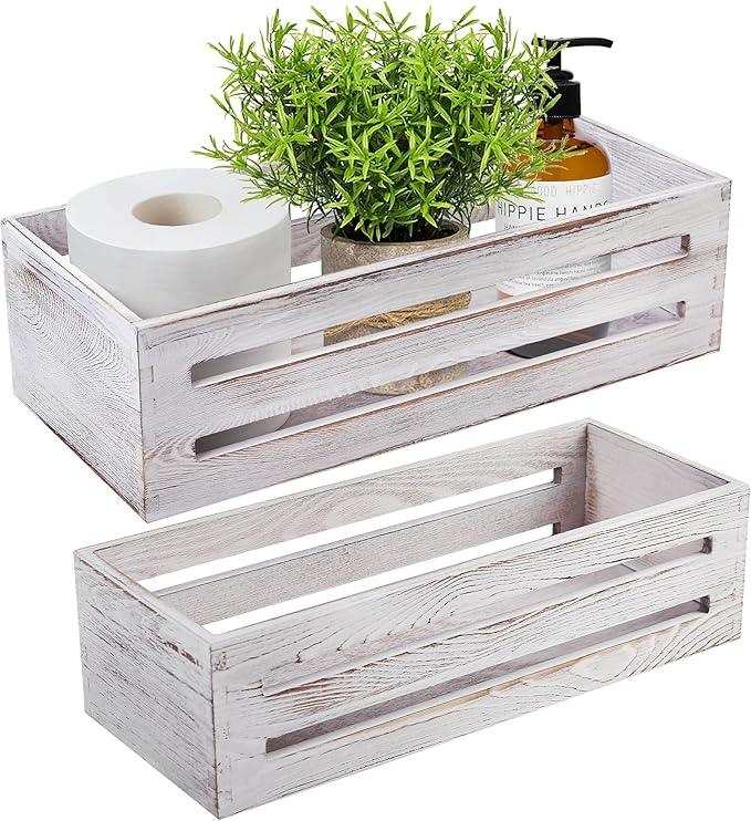 LotFancy Bathroom Decor Box, 2 Pack Wooden Toilet Paper Holder, White Toilet Storage Basket for Back of Toilet, Farmhouse Toilet Tank Topper - ModernBath
