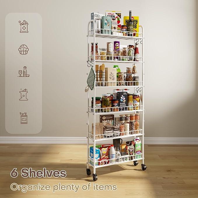 6 Tier Slim Rolling Storage Cart with Wheels, Metal Mobile Shelving Unit Organizer Utility Cart for Office Bathroom Kitchen Laundry Room Narrow Places (White 6 Inches) - ModernBath