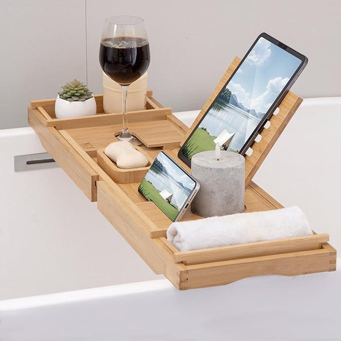 XcE Bamboo Bathtub Caddy Tray - Expandable to 41 Inches with Book Stand, Soap Holder & Anti-Slip Pads for Luxury Bath Spa, Natural - ModernBath