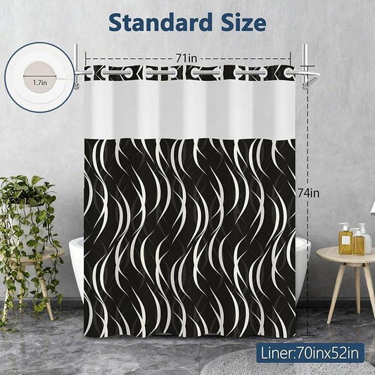 No Hook Black and White Striped Shower Curtain with Liner, Abstract Modern Minimalist Geometric Decor Bathroom Curtains, Hotel Style Waterproof Fabric Shower Curtain with Top Sheer Window, 71x74 Inch - ModernBath