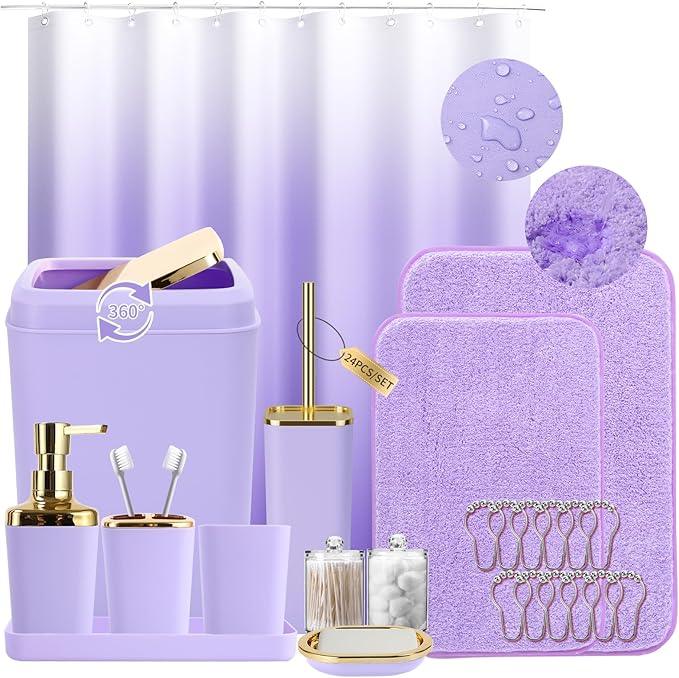 XLHOMO Bathroom Set - Purple Bathroom Sets with Shower Curtain and Rugs, 24PCS Shower Curtain Set with Hooks, Soap Dispenser, Soap Dish, Toilet Brush Holder and Trash Can for Housewarming - ModernBath
