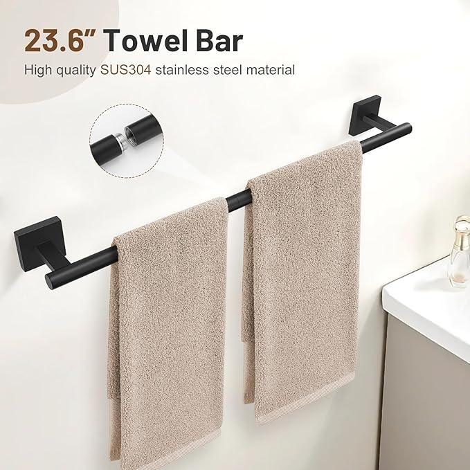 Matte Black Bathroom Hardware Set, 5-Piece Bath Towel Bar Set with 23.6” Towel Bar, Towel Ring, Toilet Paper Holder, Two Hooks, SUS304 Towel Racks for Bathroom Wall Mounted - ModernBath