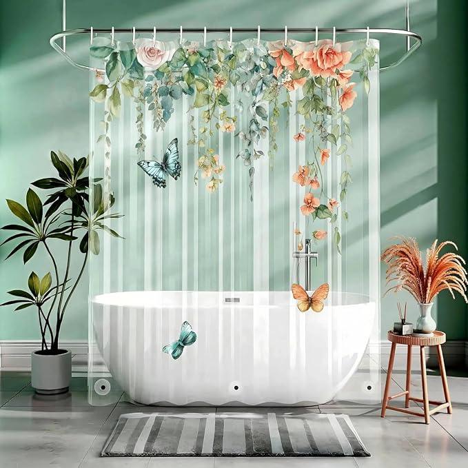 Clear Colorful Floral Butterfly Shower Curtain Liner, Plastic Pretty Pink and Orange Flower Green Eucalyptus Leaf Shower Curtains for Bathroom, 72x78 Weighted Magnetic Shower Curtain Set with 12 hooks - ModernBath
