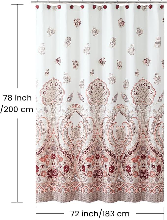 BESTRIPES Long Shower Curtain 72x78 Inch - Water-Repellent Off-White Premium Fabric with Burgundy Terracotta Taupe Paisley Floral Design - ModernBath