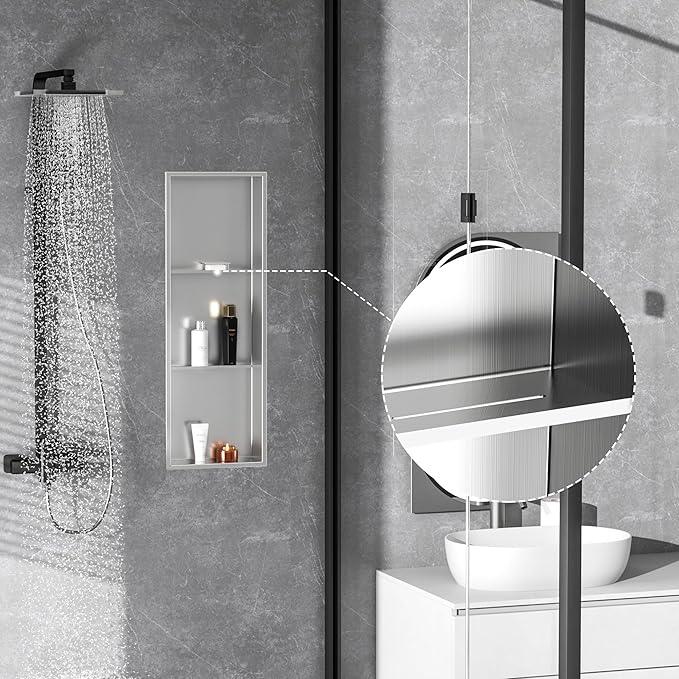 Qeke Stainless Steel Shower Niche 12" X 36", Bathroom Wall Niche Three-Tier, No Tile Needed Recessed Shower Shelf for Bathroom Storage, Brushed Nickel - ModernBath