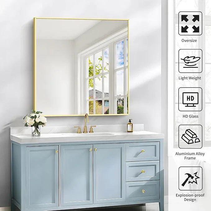 COFENY Gold Bathroom Mirror for Wall, 30x30 Inch Rectangle Mirrors with Metal Frame, Modern Vanity Wall Mirror Decor for Bathroom Living Room, Entryway Hangs Horizontal or Vertical - ModernBath