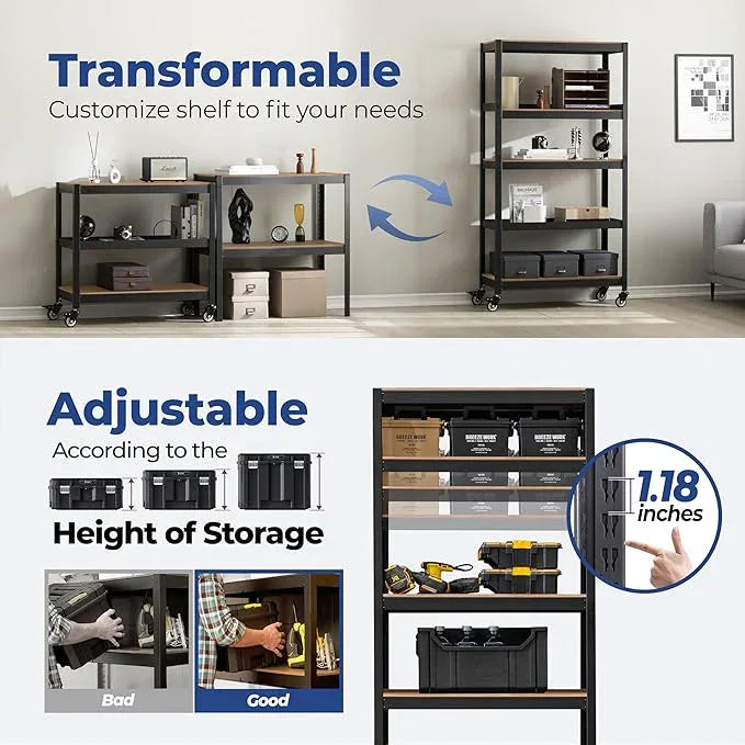 HOMEDANT House 36.2" 5-Tier Metal Rolling Cart Shelf Rack Casters Heavy Duty Laminated Wheel Shelving Unit Adjustable Utility Storage Shelves Shelf Kitchen Garage Black 1Pack - ModernBath