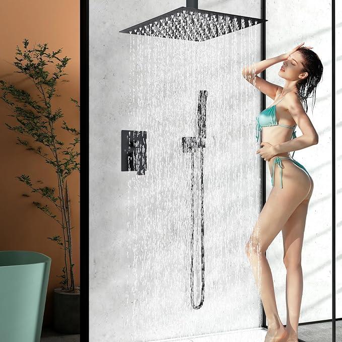Shower Faucet Set Matte Balck Rain Shower System with High Pressure 12 Inches Rain Shower Head and Handheld Spray Bathroom Luxury Rain Mixer Shower Complete Combo Set Ceiling Mounted - ModernBath