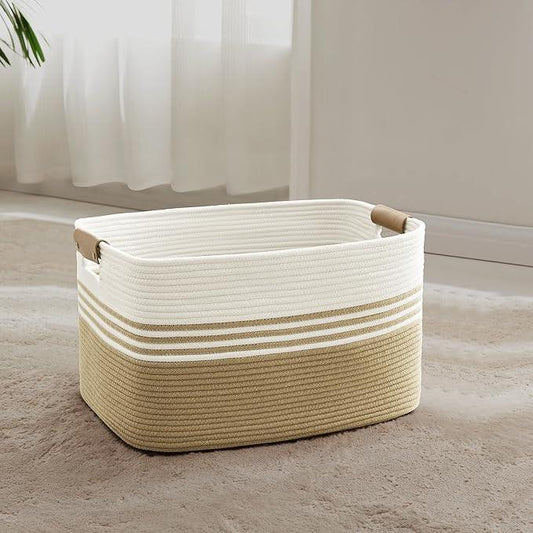45L Small Laundry Basket with Leather Handles for Living Room Storage, Woven Rope Baskets Bin for Blanket, Kids Toy, Gifts, Wicker Hamper for Bedroom Dirty Clothes, 18"x14"x11" Khaki - ModernBath