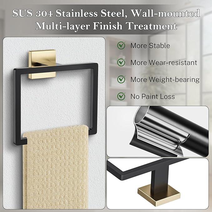 Black and Gold Towel Ring Square Hand Towel Holder Towel Hanger Bathroom Hardware Accessories Stainless Steel Wall-Mounted Towel Rack - ModernBath
