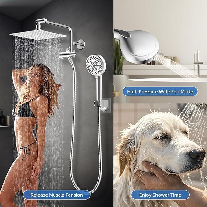 All Metal Shower Head, 10" High Pressure Rainfall/Handheld Shower Combo with 11" Extension Arm, 10-Spray Handheld Showerhead, 71" Long Hose, 3-Way Diverter Valve, Chrome - ModernBath