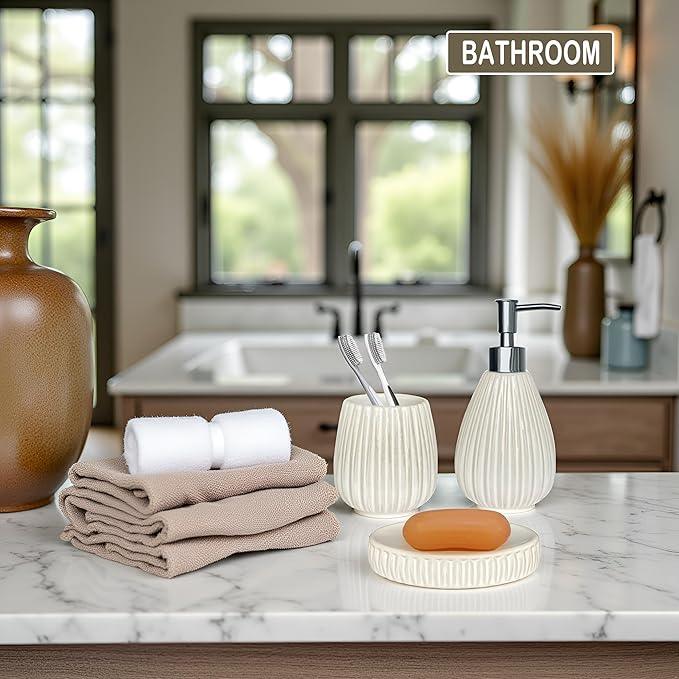 Ceramic Bathroom Accessory Set, White Bathroom Set, Caahanjia Bathroom Accessories Set 4 Pieces, Toilet Brush, Lotion Dispenser, Soap Dish, Toothbrush Cup, Modern Bathroom Décor (13 Ounce) - ModernBath