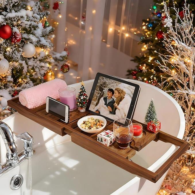 VaeFae Premium Teak Bathtub Tray, Expandable Wooden Bath Tray for Tub, Luxury Bathtub & Bathroom Accessories, Great House Warming, Anniversary & Wedding and Birthday Gifts (Free Teak Body Brush) - ModernBath