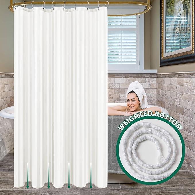 Biscaynebay Fabric Shower Curtain or Liner 72" by 72", Ivory Water Repellent Damask Stripes Bathroom Curtains Machine Washable - ModernBath