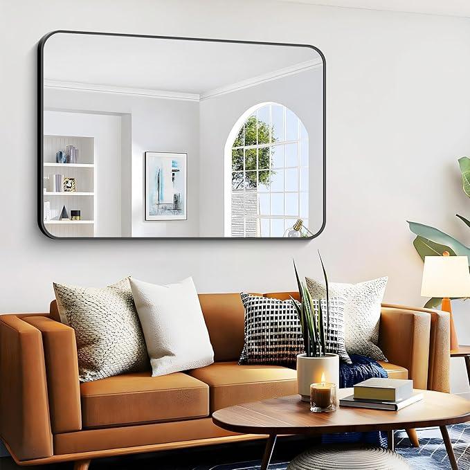 CIVENO Large Bathroom Mirror, 60 x 40 inch Black Rectangle Mirror, Metal Framed Rectangular Vanity Mirror, Rounded Corner Wall Mounted Mirror for Over Sinks Bedroom Living Room Horizontal/Vertical - ModernBath